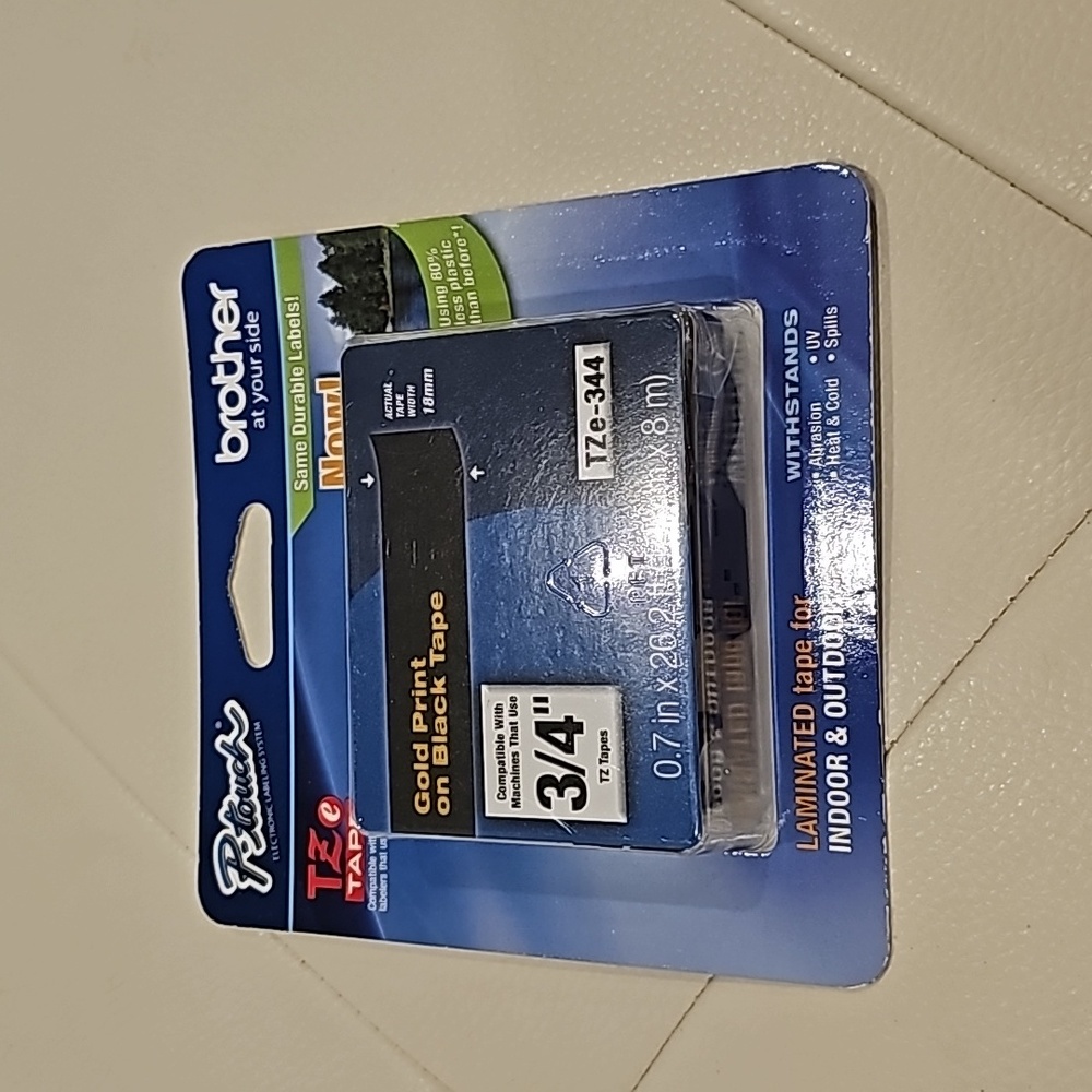 brother P- touch tape TZe-344 Gold Print on Black Tape 3/4" 18mm